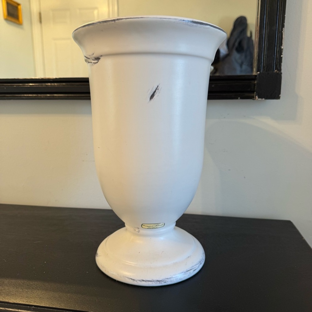 Haeger Vase White Patina Large 12” Pedestal Urn Open White Distressed Shabby MCM